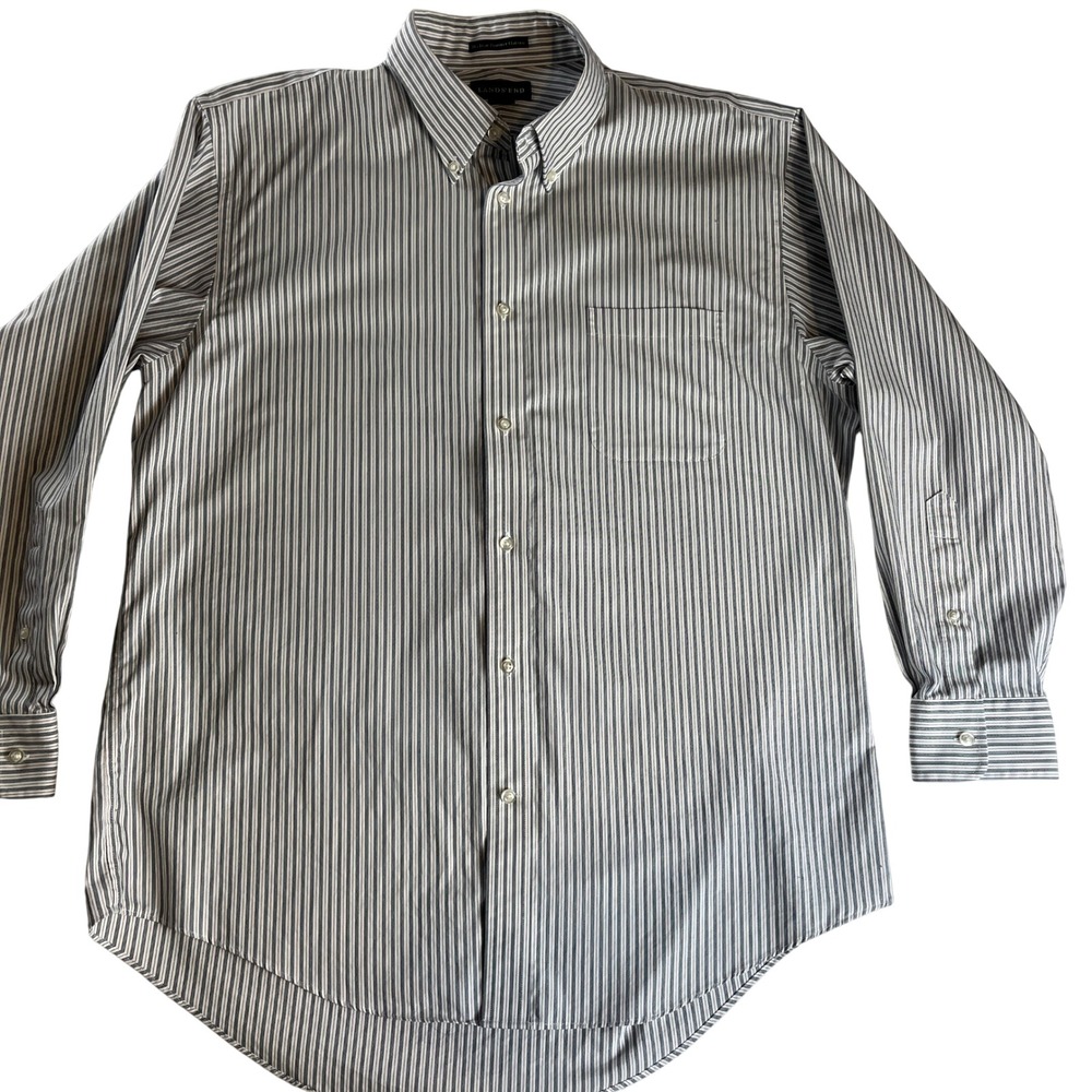 Lands End Button Down Shirt 16.5 32 Cotton Oxford Striped No Iron Mens
